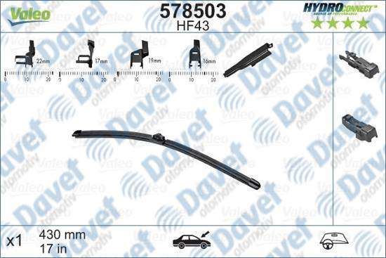 VALEO 578503 Silecek Supurgesi On Muz Tip 430mm Hf43 Hydroconnect Coklu Baglanti X1  ####